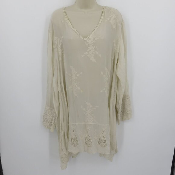 Johnny Was Women Plus Size 1X Ivory Embroidered V Neck Tunic Shirt Top Eyelet - Picture 10 of 11